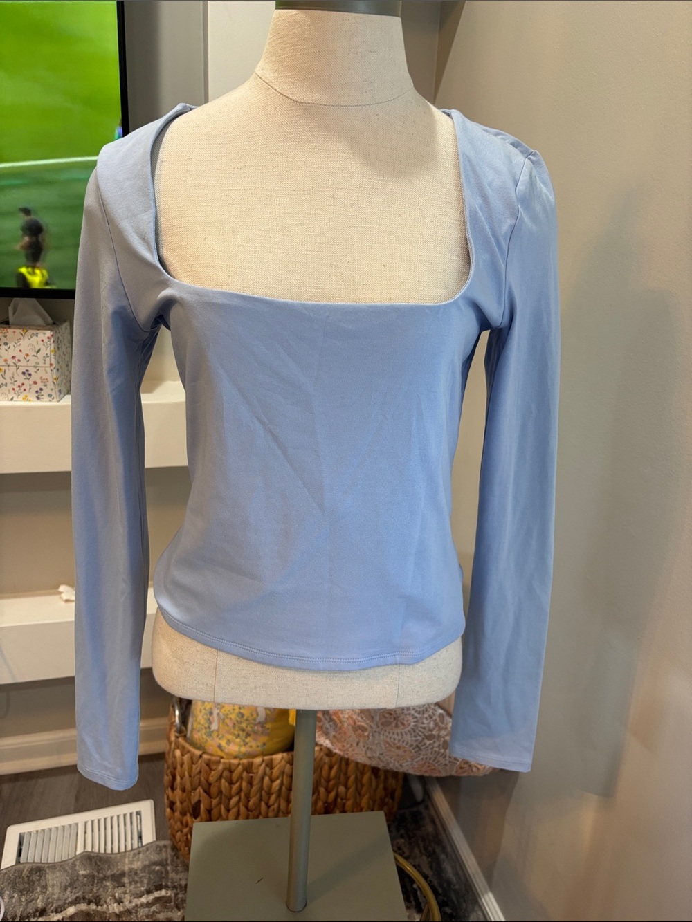 Garage Light Blue Square Neck Long Sleeve Top